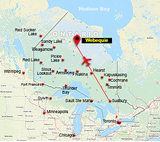 Map showing charter flight route from Toronto To Webequie, Ontario